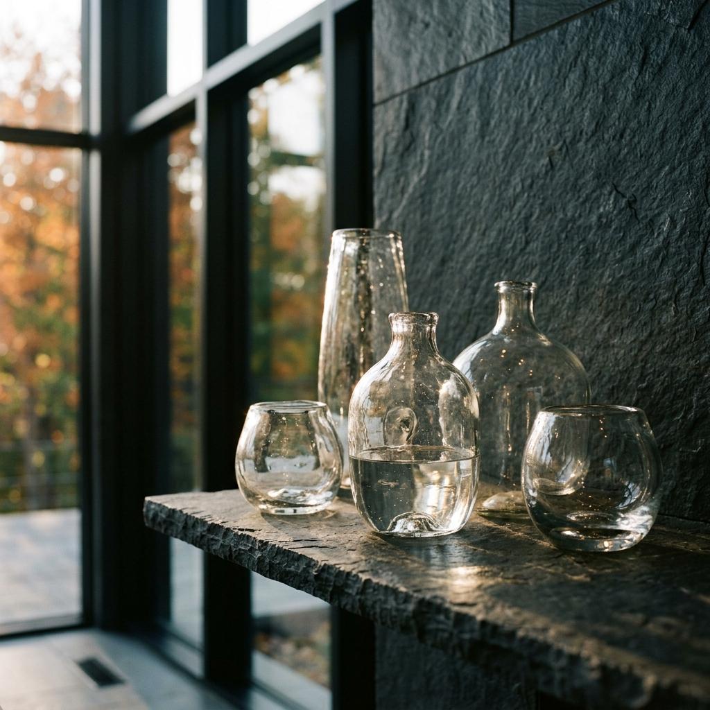 Glass vessels backlit on a shelf