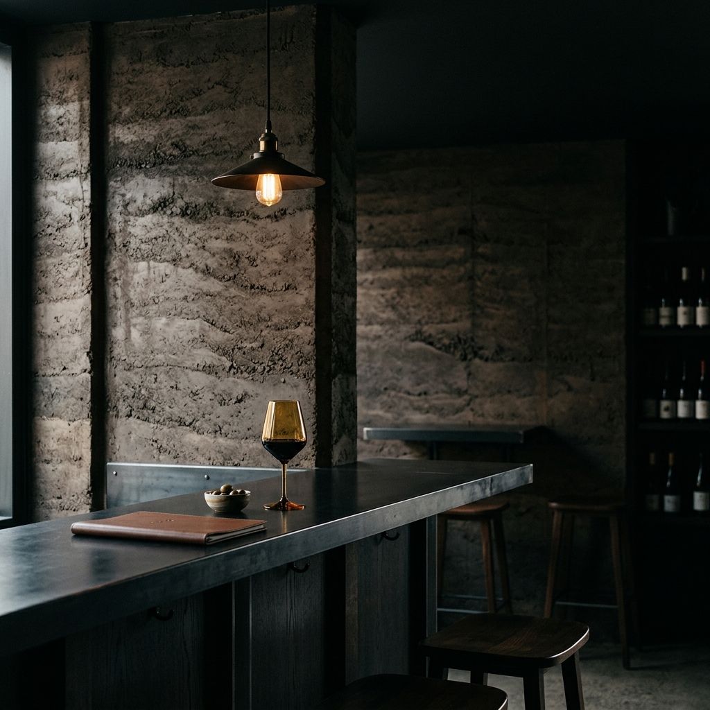 Sallow Wine Room bar against a rammed earth wall