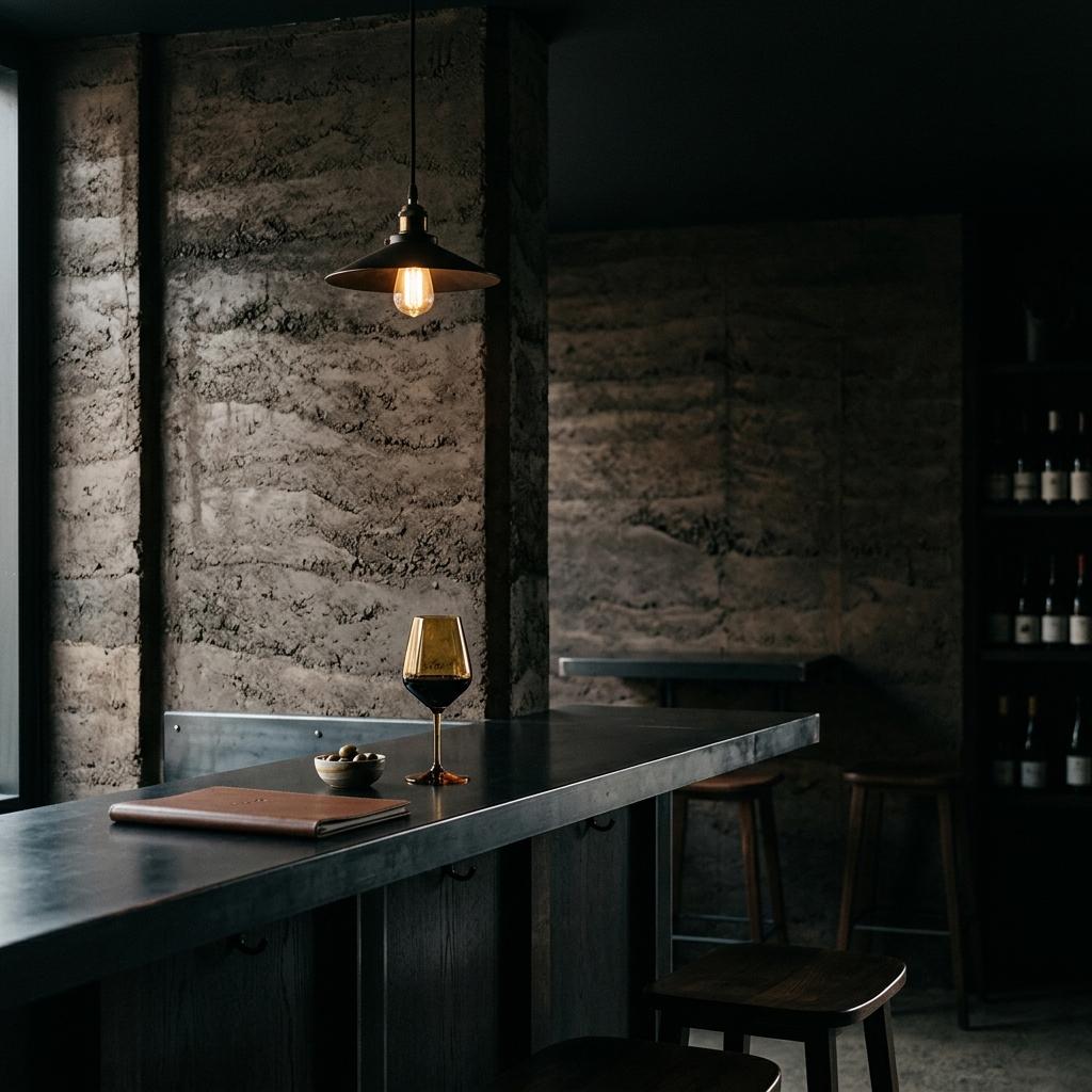 Sallow Wine Room bar against a rammed earth wall