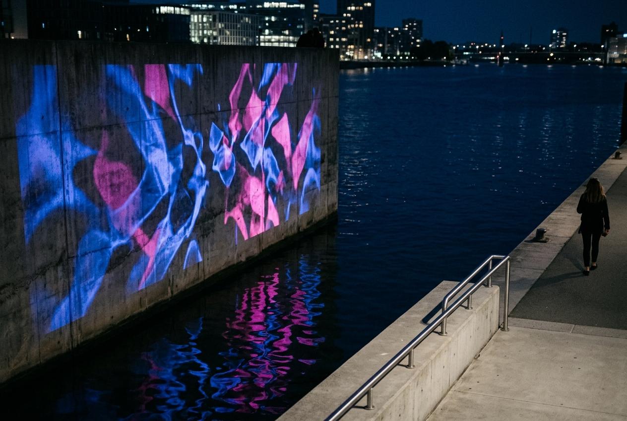 Projection mapping on a waterfront wall at night