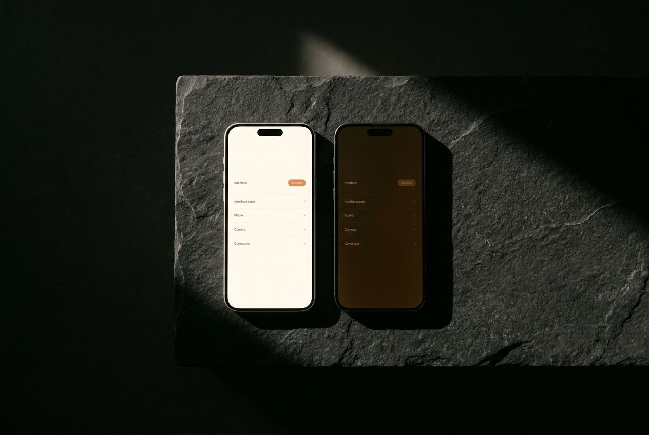 Two phones side by side, one bright and one dim