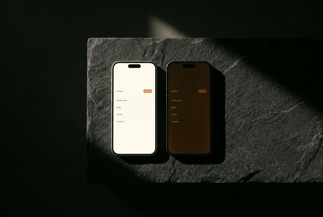 Two phones side by side, one bright and one dim