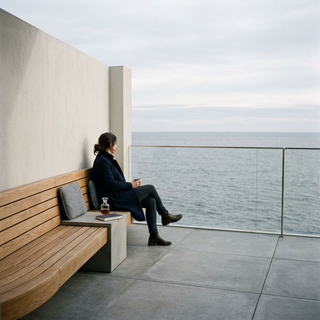 Terrace bench and glass windbreak above the sea