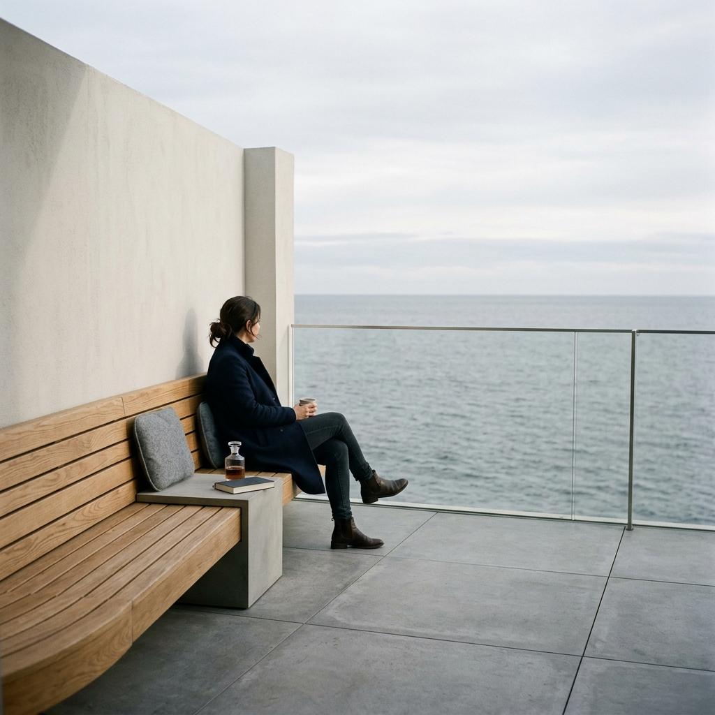 Terrace bench and glass windbreak above the sea