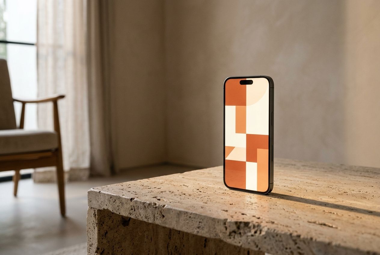 Phone on a travertine table with a terracotta screen