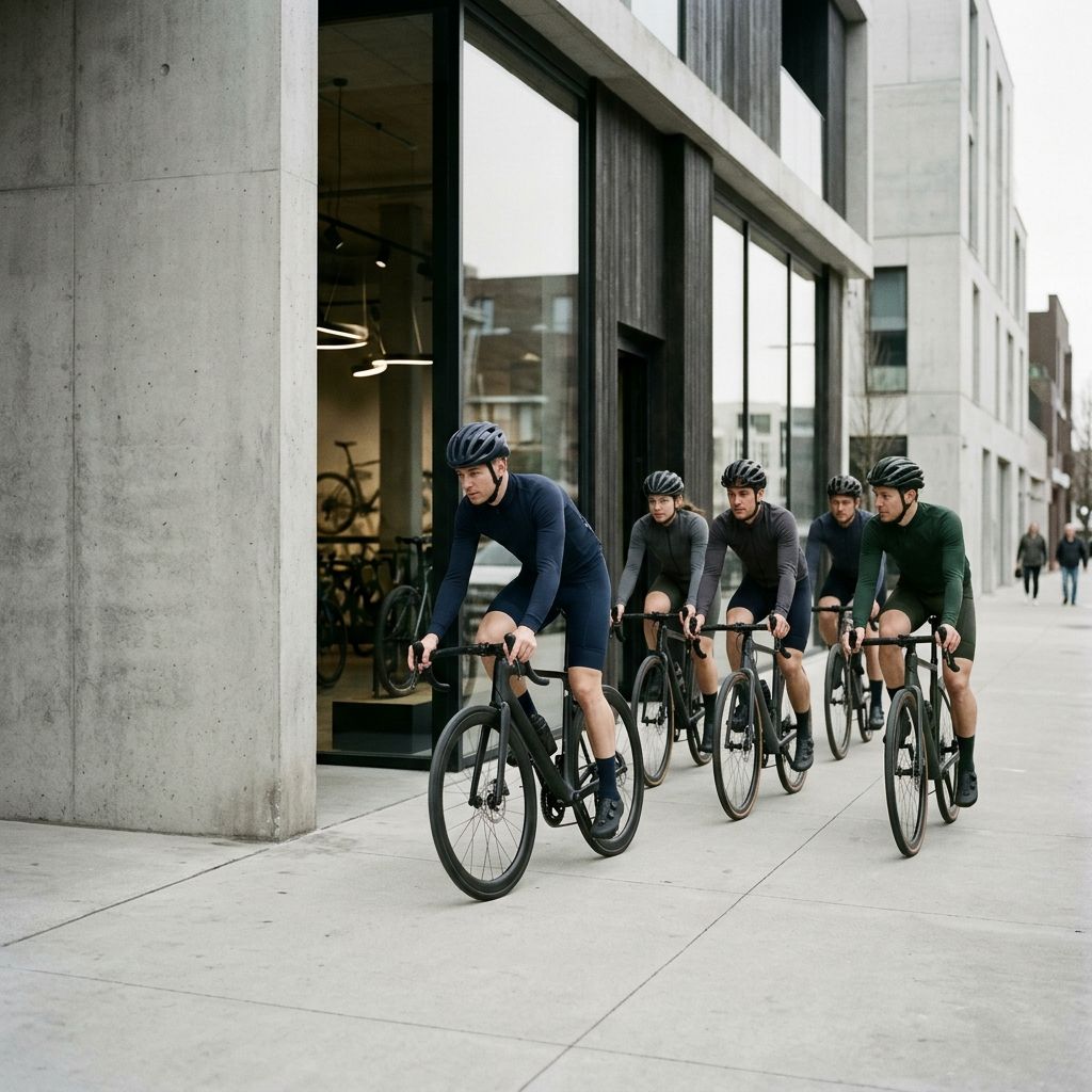 Cyclists leaving a bike store on a Sunday morning