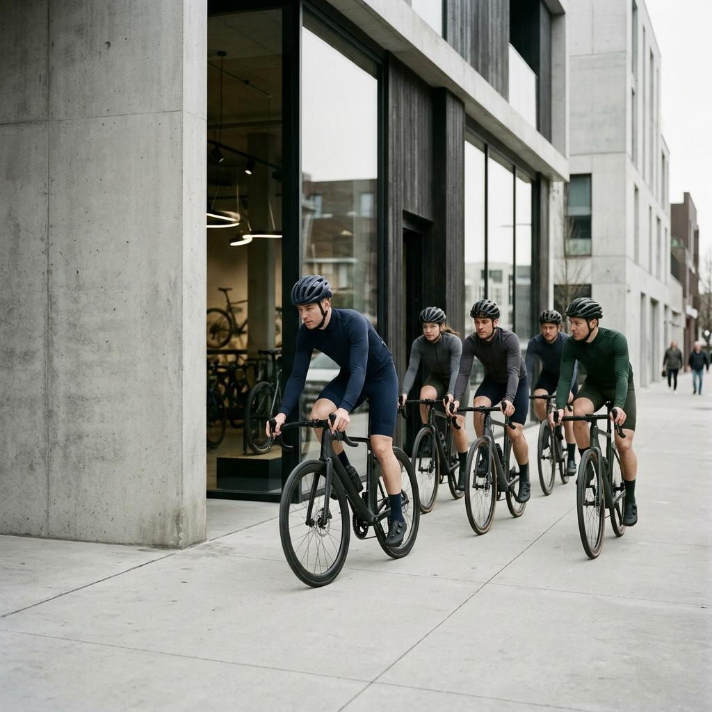 Cyclists leaving a bike store on a Sunday morning