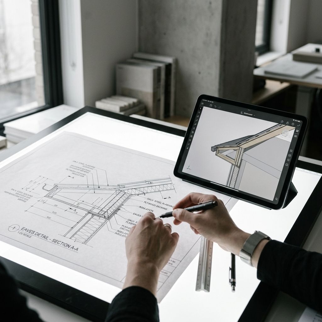 Technical drawing of the roof eaves junction
