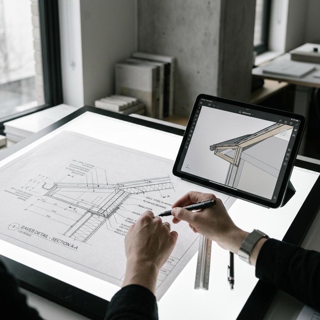 Technical drawing of the roof eaves junction