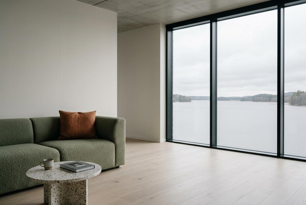 Show apartment living room looking out over the IJmeer