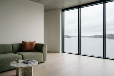 Show apartment living room looking out over the IJmeer