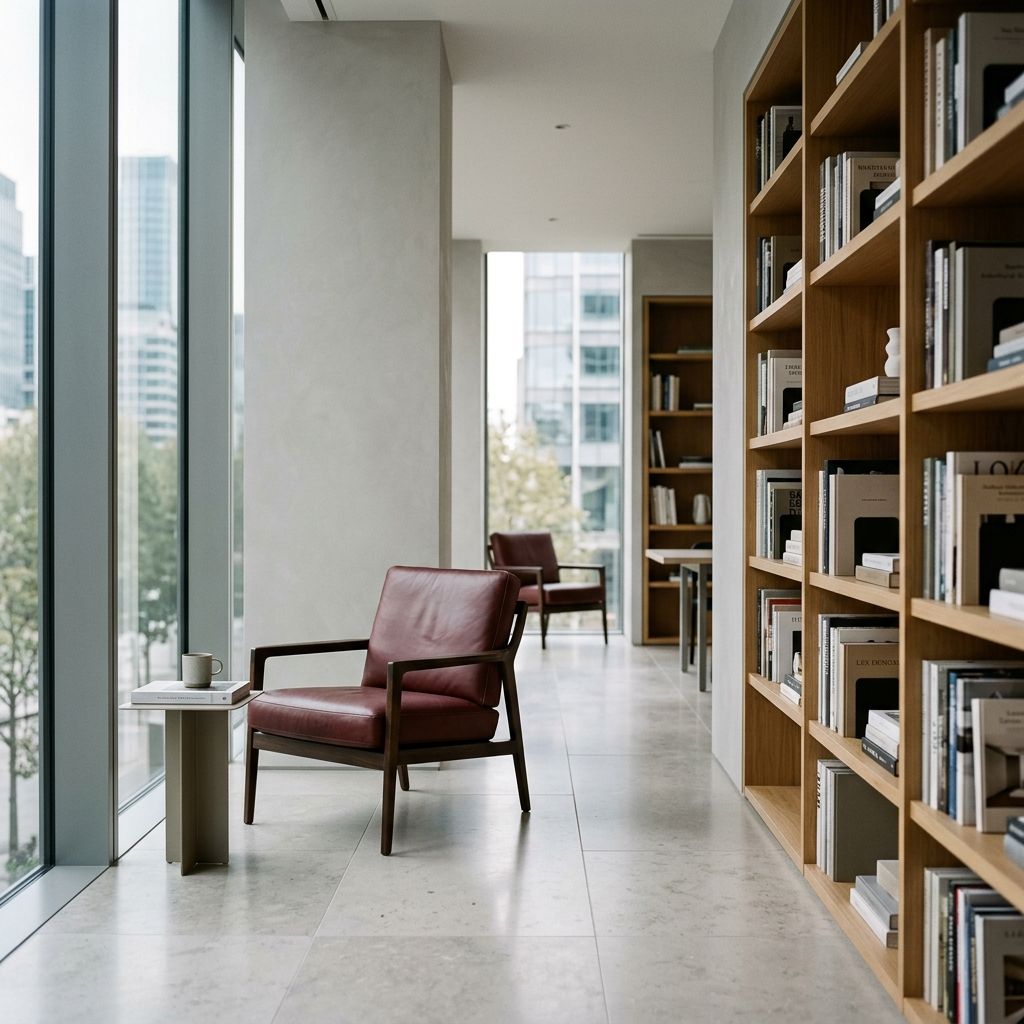 Library and quiet room with oak shelving and oxblood chairs