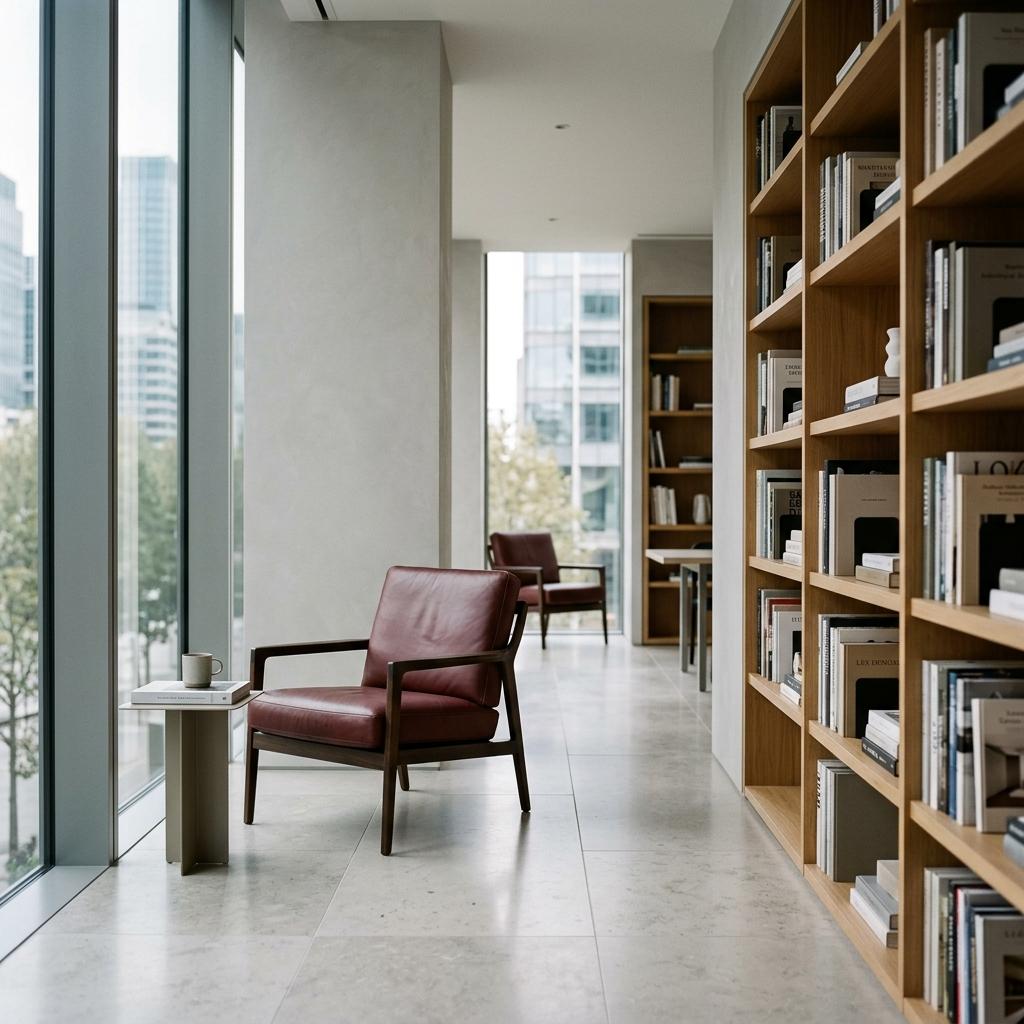 Library and quiet room with oak shelving and oxblood chairs