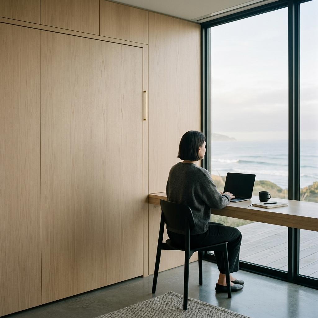 Study with oak wall panels and a desk by the window