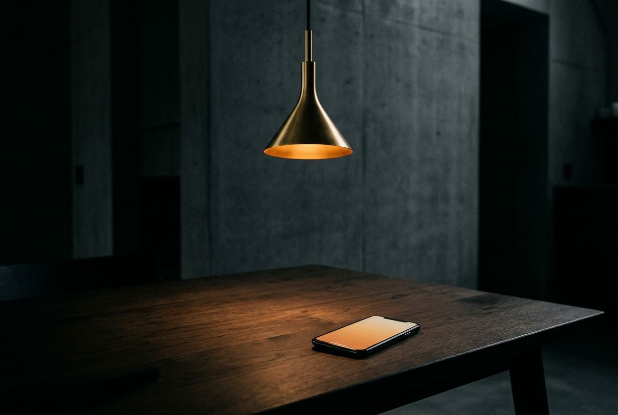 Pendant lamp glowing beside a phone with an amber screen