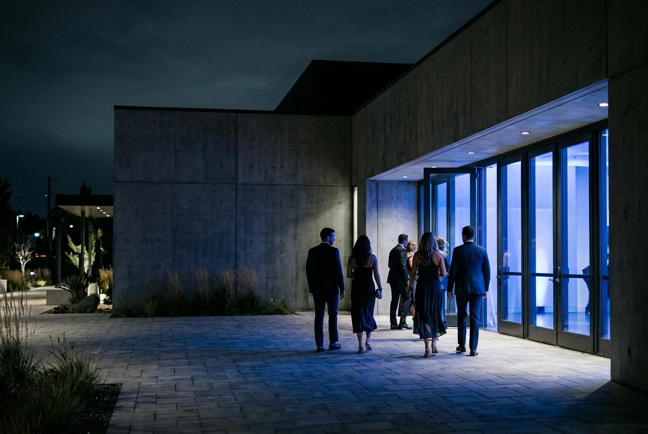 Guests arriving at a concrete hall at night
