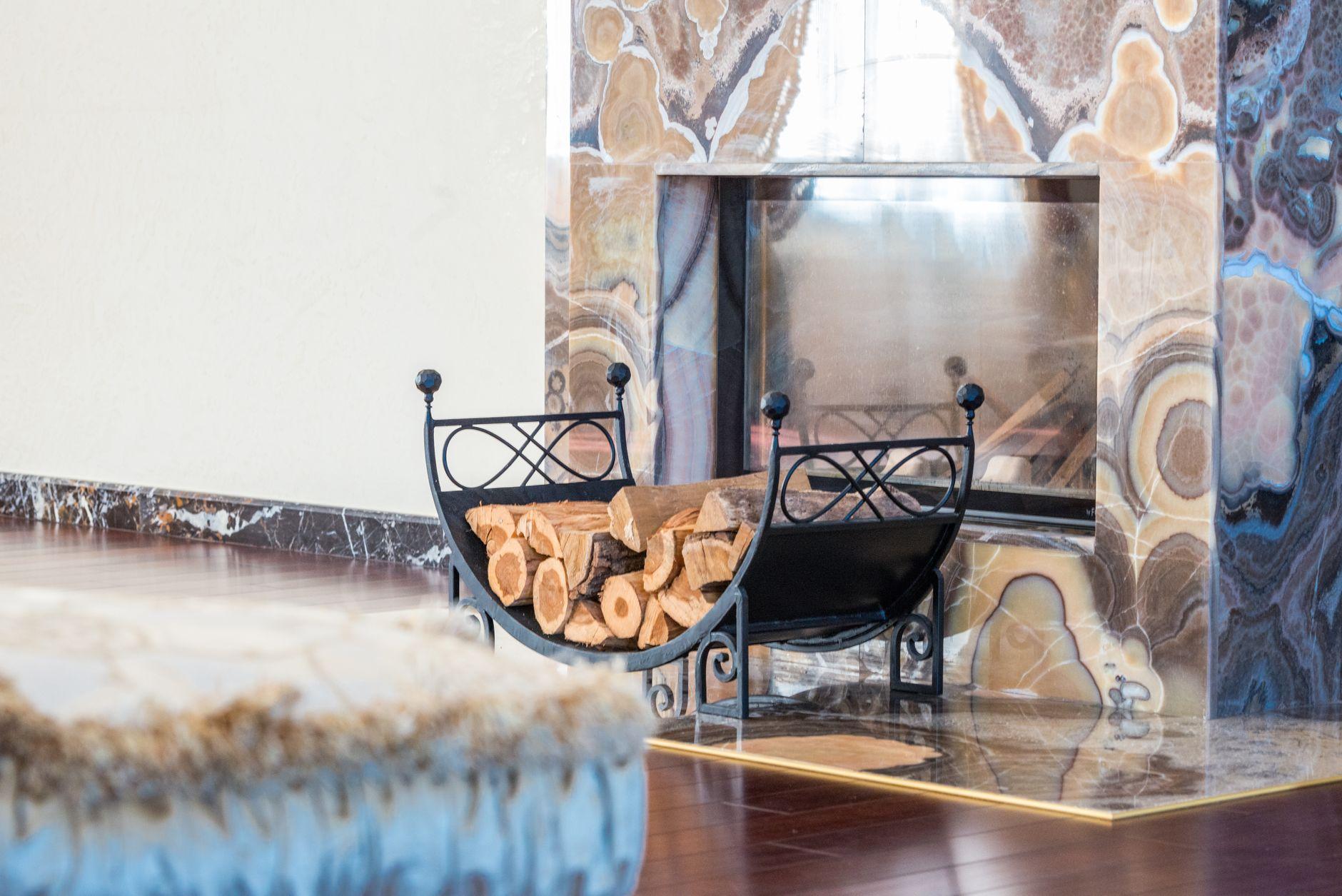 Modern stone fireplace